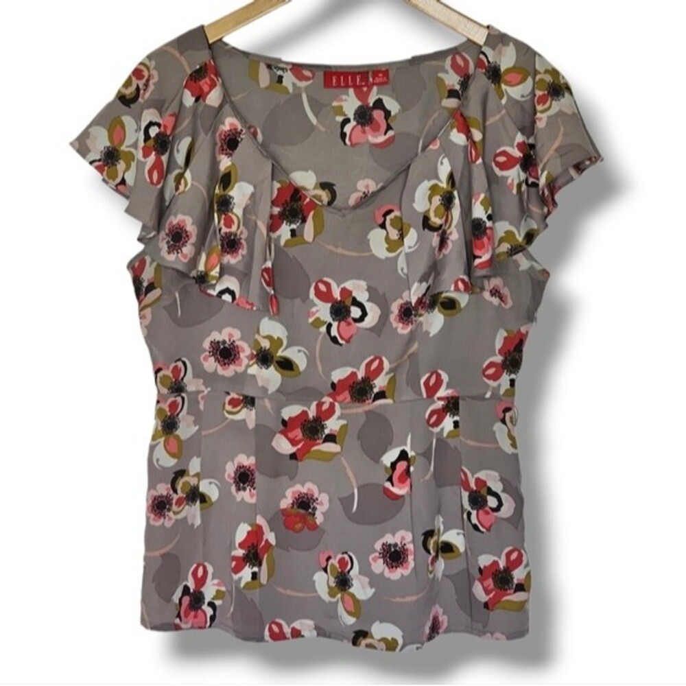 Elle Blouse Womens Size‎ 10 Taupe Floral Print Ruffle V-Neck Cap Sleeve Side Zip